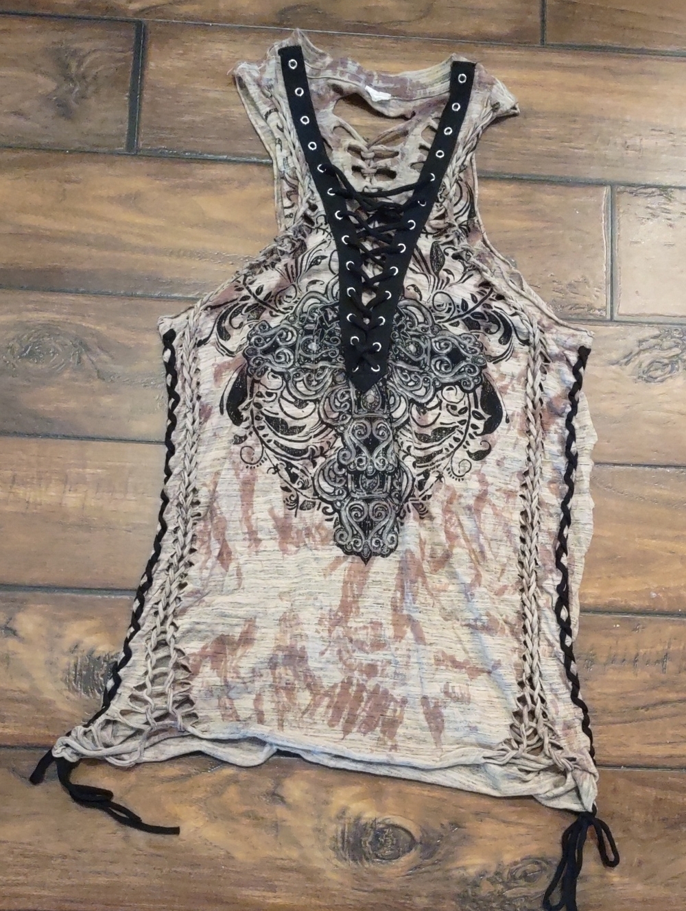 Affliction Lace-Up Cut Out Graphic Tank Top - Size S/M.